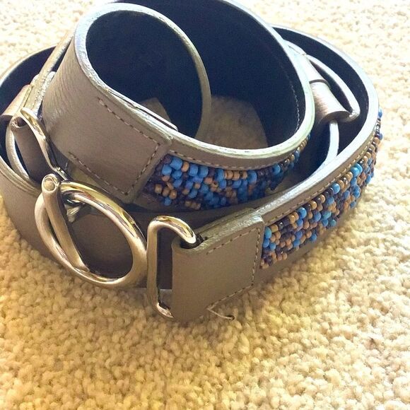 Chico's Blue Bead Faux Leather Adjustable Length Belt Silver Buckle - Picture 1 of 11